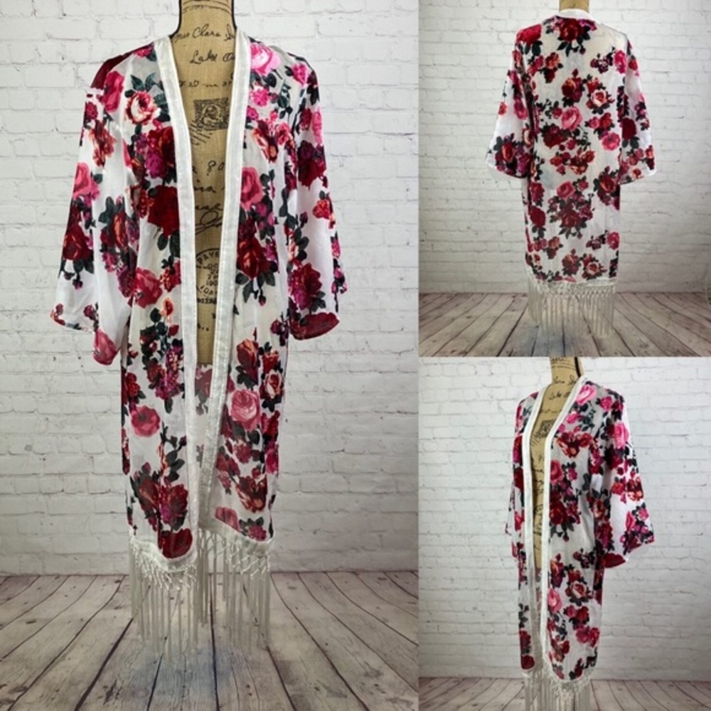 Divided Floral Burnout Velvet Open Front Fringe Kimono